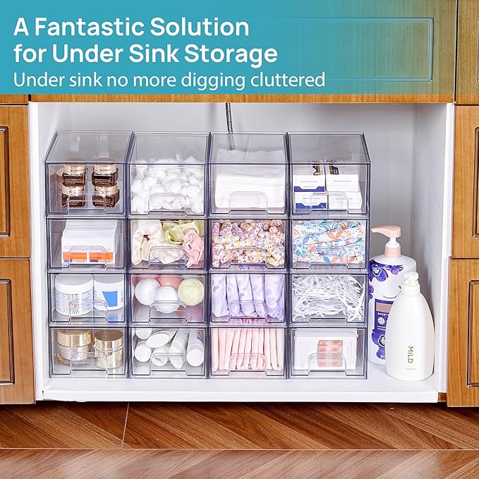 Vtopmart 2 Pack Clear Stackable Storage Drawers, 4.4'' Tall Acrylic Bathroom Makeup Organizer,Plastic Storage Bins For Vanity, Undersink, Kitchen Cabinets, Pantry, Home Organization