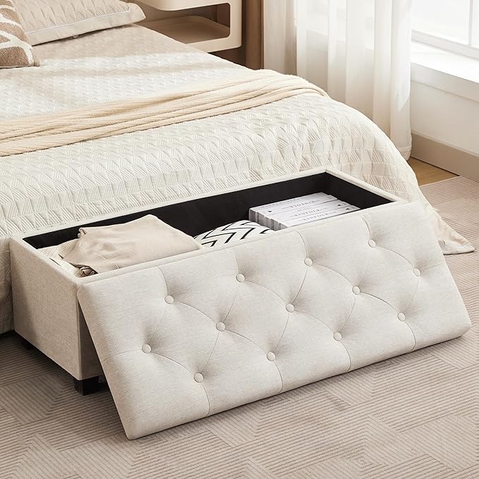 43’’ Storage Ottoman Bench, Linen Entryway Benches Load up to 660 Lb, Modern End of Bed Benches for Bedroom, Ottoman with Storage Bench for Living Room, Beige