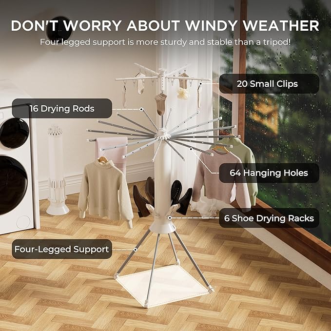 Clothes Drying Rack, 4-Legged Portable Drying Rack Clothing with 20 Clips, Shoe Dryer Rack, Outdoor Foldable Laundry Drying Racks with 4 Pulleys, Aluminum Hanging Dry Rack