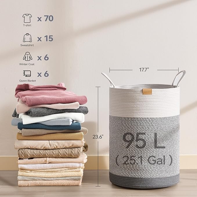 Laundry Hamper 95L,Large Laundry Basket for Clothes,Decorative Storage Basket for Blankets,Cotton Rope Woven basket for bedroom,Grey White