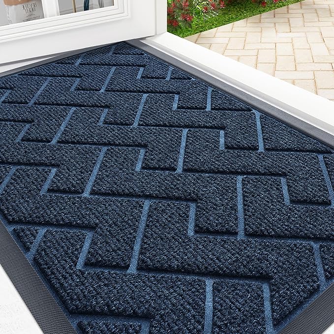 OLANLY Front Door Mat Indoor Outdoor Entrance, Waterproof All-Season, All-Weather Doormat, Sturdy Natural Rubber, Low Profile, Easy Clean Patio Porch Entryway Mat, Herringbone Brick (Blue, 47x32)