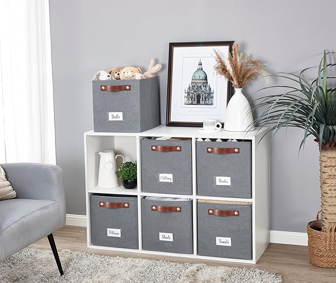 DECOMOMO Storage Bins, Cube Storage Bin with Labels, Fabric Storage Cubes for Shelves (11" / 6pcs, Texture Grey)