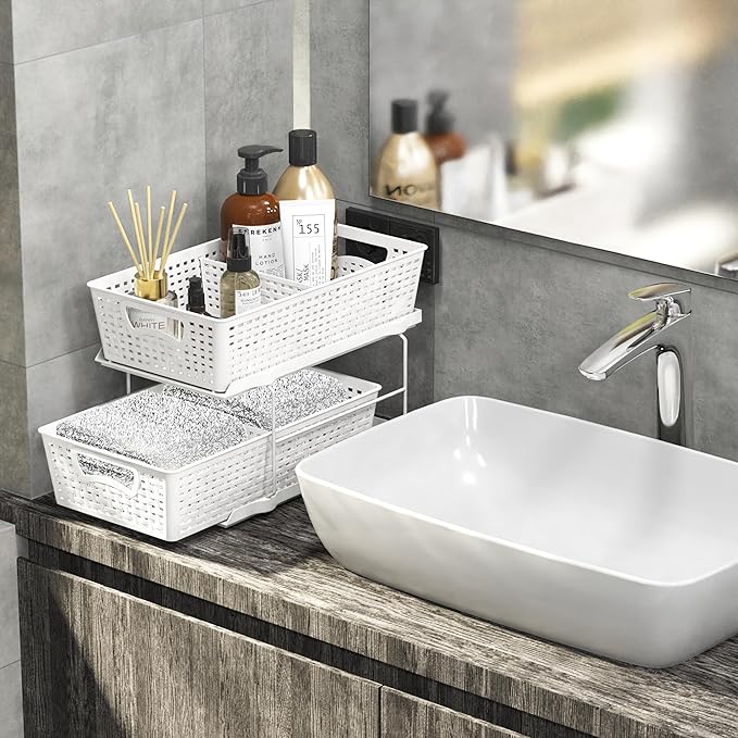 Simple Houseware 2 Tier Bathroom Organizer Tray Pull-Out Sliding Drawer/Under-Sink Storage, White