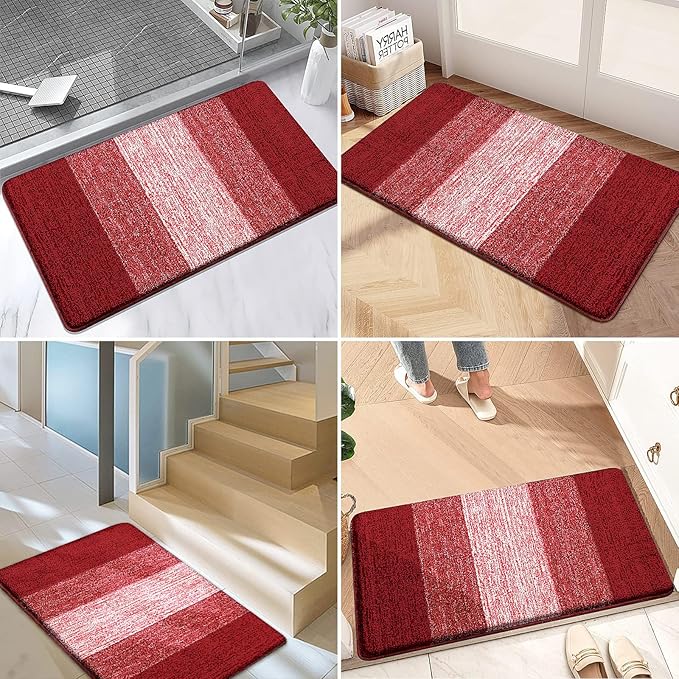 Kitinjoy Indoor Outdoor Door Mat, 32x20 Non-Slip Absorbent Dirt Trapper, Low-Profile Washable Inside Entrance Front Floor Mat, Sturdy Soft Entry Doormats for Entryway, Burgundy