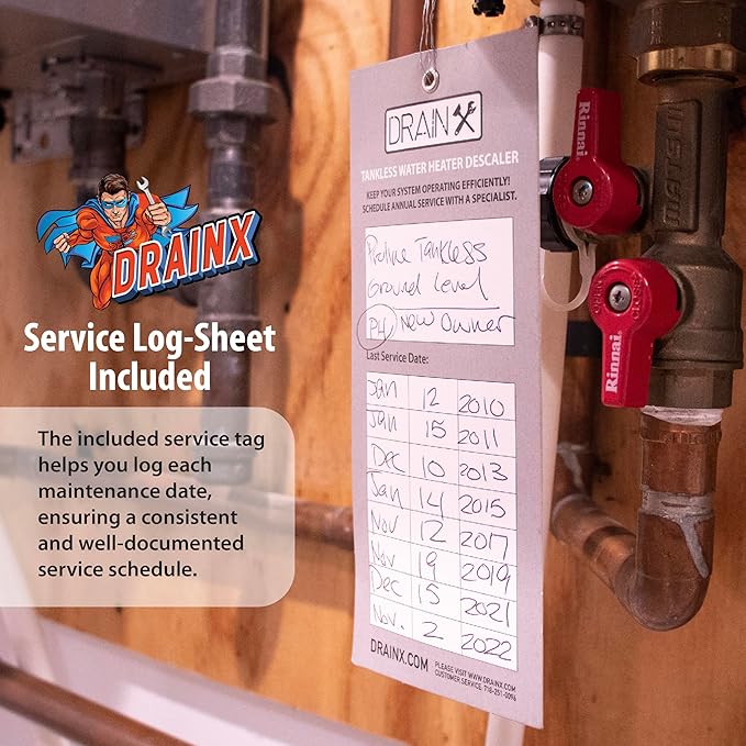 DrainX Tankless Water Heater Flushing Kit Includes Pump, Hoses, Bucket, Maintenance Log, and Replacement Filter for Rinnai Systems – Just Add Vinegar or our Own Descaler