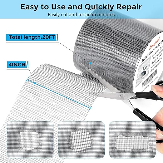 Grey Window Screen Repair Tape, 3IN X 20FT (240IN) Screen Repair Kit for Windows or Doors, Strong Adhesive Patch Kit Fiberglass Mesh Tape