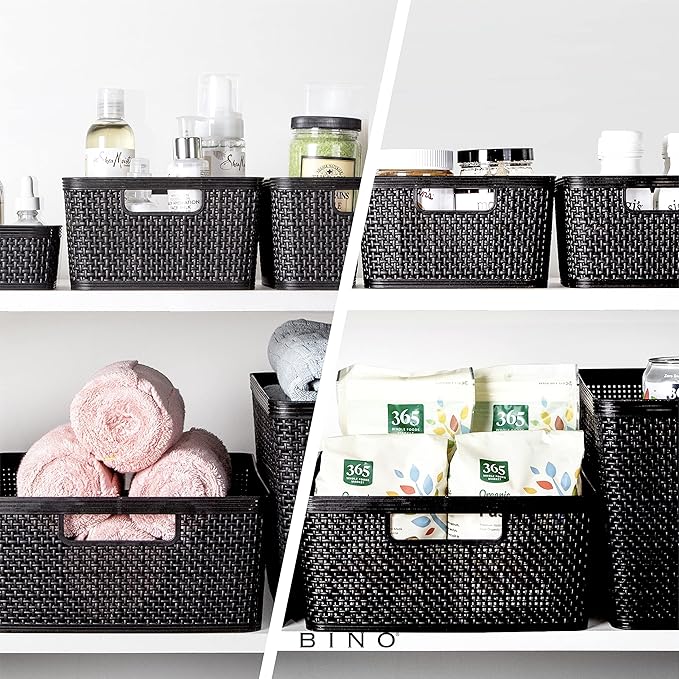 BINO | Woven Plastic Basket | Medium (Black), 4-Pack | THE JUTE COLLECTION | Home Organization, Space - Saving Storage, Stylish Design | Jute Basket | Plastic Storage Basket