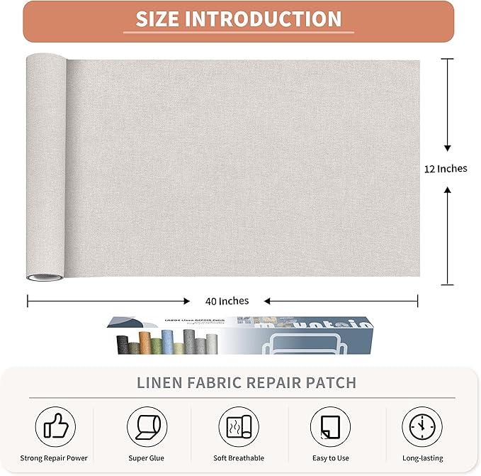 Fine Linen Fabric Patches, Self-Adhesive, Extra Large 12x40 Inch, Multi Color, for Sofa & Clothes Repair