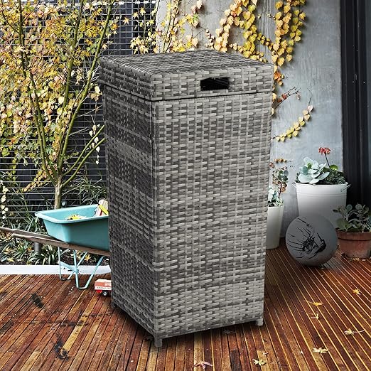 VINGLI Wicker Patio Trash Can, 27 Gallon Rattan Trash Can with Removable Lid, Outdoor Wicker Waste Basket, Wast Container (Grey)