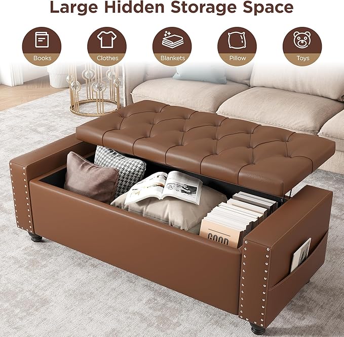Maupvit Storage Ottoman Bench, 49 Inch Bedroom Bench, Upholstered Ottoman with Storage, Entryway Bench with Tufted Button, Faux Leather Window Bench for Bedroom, Living Room, Entryway, Hallway, Brown