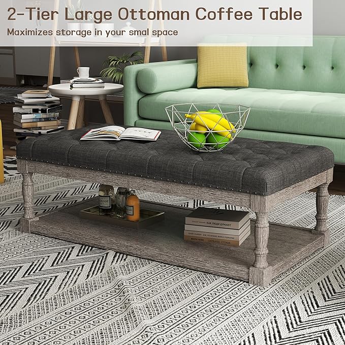 48" Large Ottoman with Storage Coffee Table, Upholstered Tufted Linen Ottoman Bench with Solid Wood Shelf for Living Room, Bedroom, Holds 250lbs (Dark Gray)