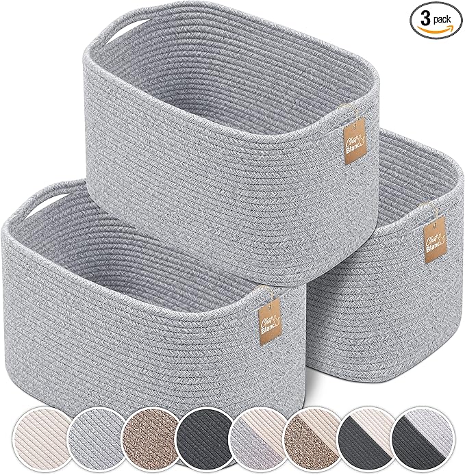 CHAT BLANC Cotton Rope Baskets for Organizing | Storage Baskets for Shelves | Rope Basket for Storage, Small Laundry Baskets, Woven Baskets for Storage, Dog Toy Bin, Baby Basket, Gray 3 Pack