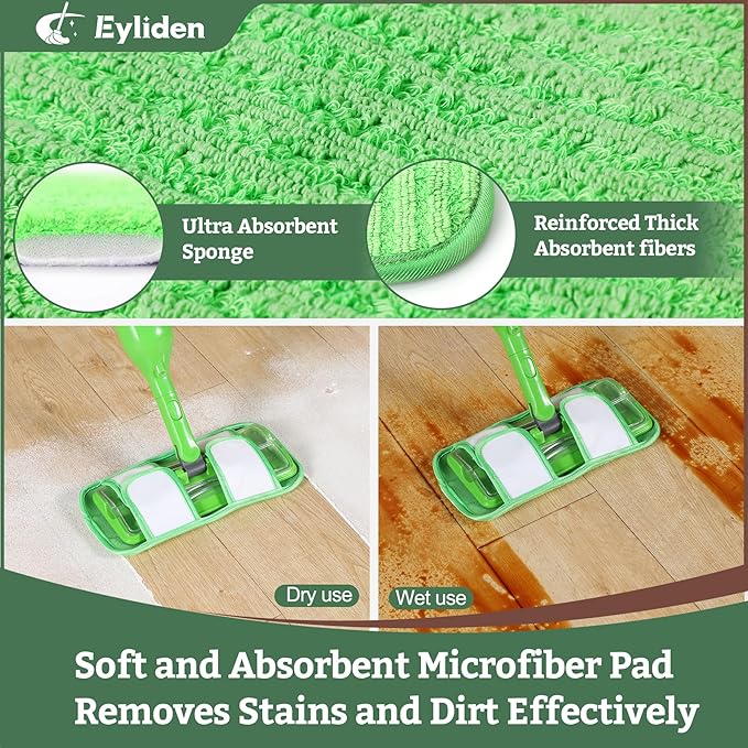 Eyliden Spray Mop - Design for Small Spaces | 12 Disposable Cloths, 1 Reusable Pad, 13 oz Refillable Bottle | Wet Mops for Apartments and Dorms Floors, Lock Tight Design, No Lost Pads - Swivel Head
