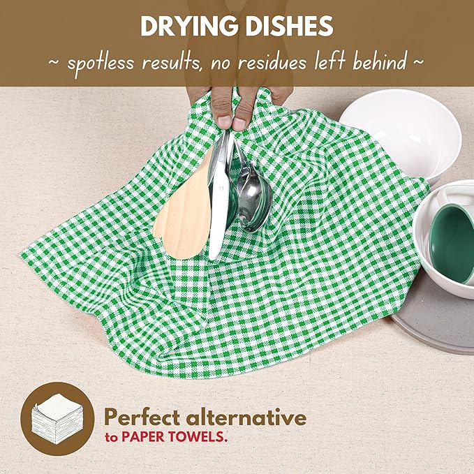 Native Fab 6 Pack Kitchen Towel with Hanging Loop 16x26 inches, Cotton Gingham Check Kitchen Towels for Drying Dishes, Soft & Absorbent Washcloths, Dish Cloth, Green White