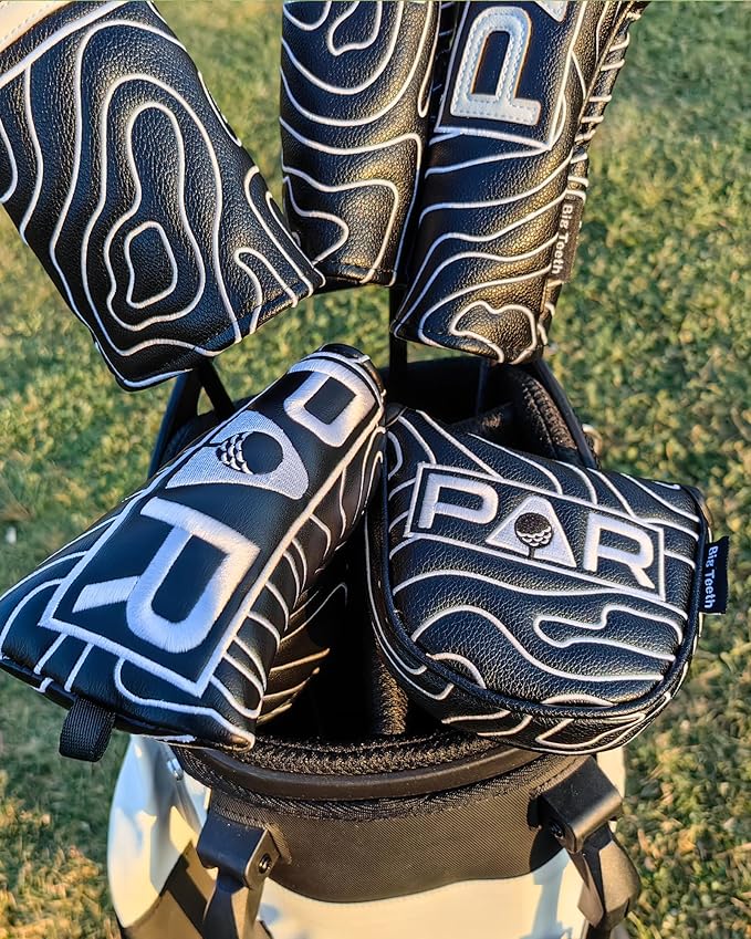 Big Teeth Golf Club Covers Full Set Driver Headcover Fairway Wood Hybrid Golf Club Iron Head Covers, Topographic Edition Putter Cover Leather Golf Head Covers Pure Black, Gifts for Men