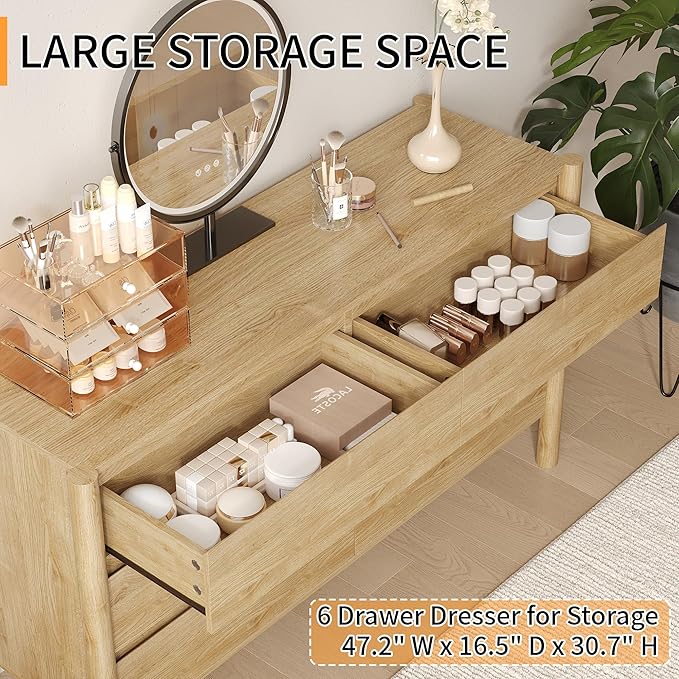 Dresser for Bedroom with 6 Drawers,47" Wide Oak Dresser with 4 Solid Wood Legs, Wooden TV Stand,Closet Clothes Organizer for Bedroom, Hallway
