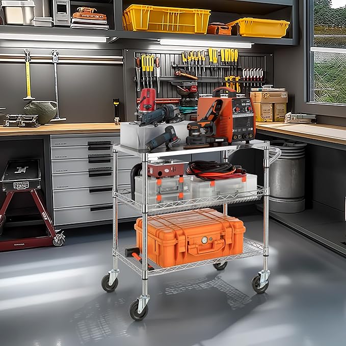 Finnhomy 3 Tier Heavy Duty Commercial Grade Utility Cart with Wood Top, Wire Rolling Cart with Wheels and Handle Bar, Kitchen Carts on Wheels, Metal Cart with 600 LBS Capacity, Chrome