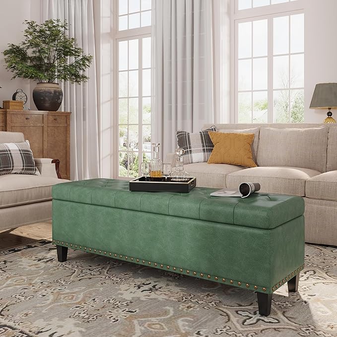 Storage Ottoman Bench, 51-Inch Large Storage Bench for Bedroom End of Bed, 30 Gallons Faux Leather Bench for Bedroom, Living Room, Entryway, Hallway, Green