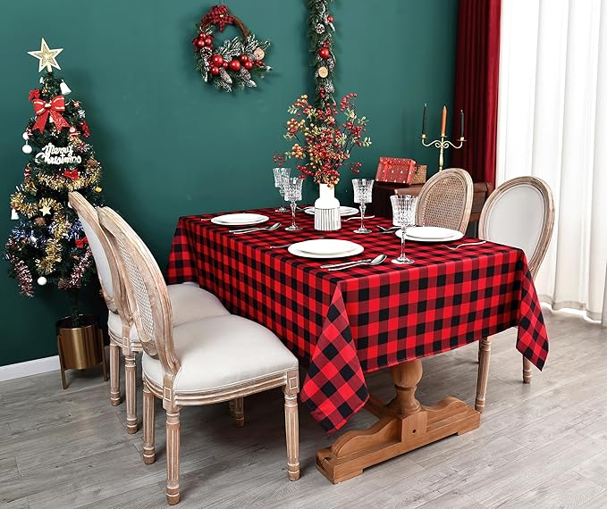 Gingham Xmas Tablecloth Fabric - Oblong 58x120 Water Resistant Christmas Plaid Table Cloth for Indoor/Outdoor Use - Red Tabletop Cover Perfect for Birthday, Picnics, Gardens