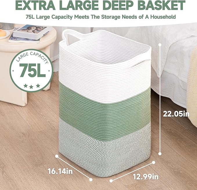 CLHMILY&Z 75L Laundry Basket Rectangular Green Rope - 16x13x22 Inches - Dirty Clothes and Soft Storage Bin for Blankets, Toys, and Nursery Essentials