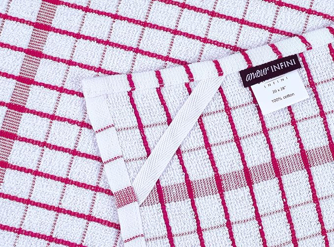 AMOUR INFINI Kitchen Towels Set of 4 - Highly Absorbent, Super Soft Terry Cotton 20x28 Inch Dish Towels with Hanging Loop - Hand & Tea Towels for Cleaning & Drying Dishes (Pink)