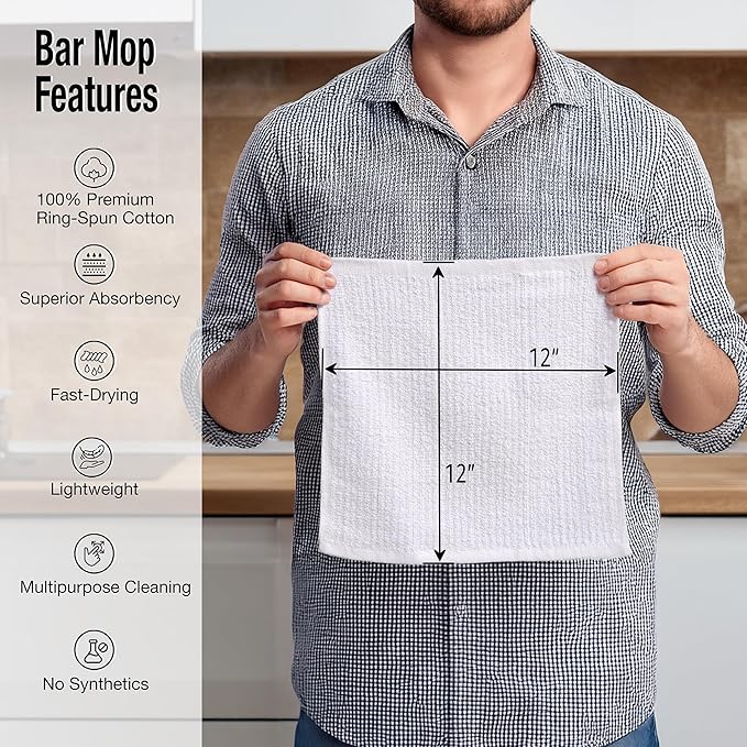 Bar Mop Cleaning Kitchen Dish Cloth Towels 12" x 12", 100% Cotton, Machine Washable, Everyday Kitchen Basic Utility Bar Mop Dishcloth Set of 24, White