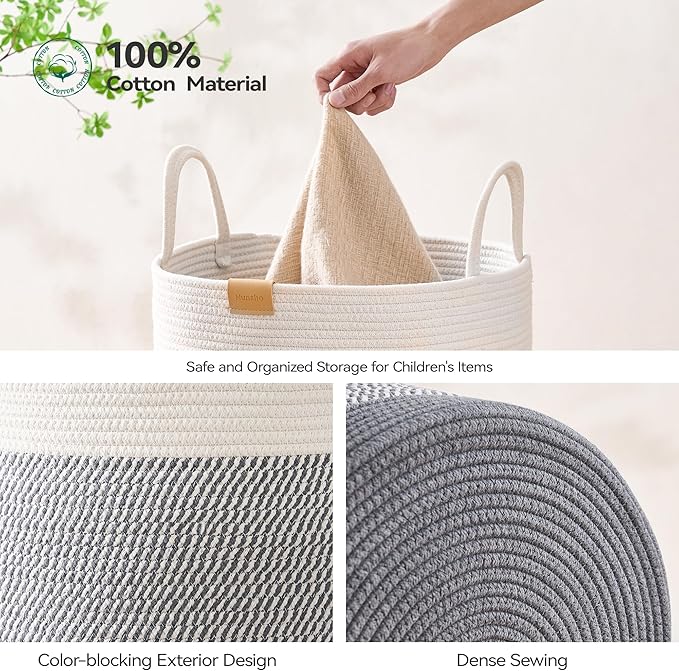 Laundry Hamper 75L,Large Laundry Basket for Clothes,Decorative Storage Basket for Blankets,Cotton Rope Woven basket for bedroom,Grey White