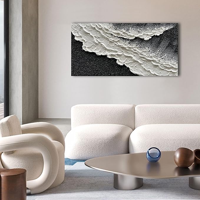 NANKAI 24x48 Inch Hand Painted 3D Ocean Wave Landscape Oil Painting Black and White Abstract Canvas Art Mural Family Wall Decoration art