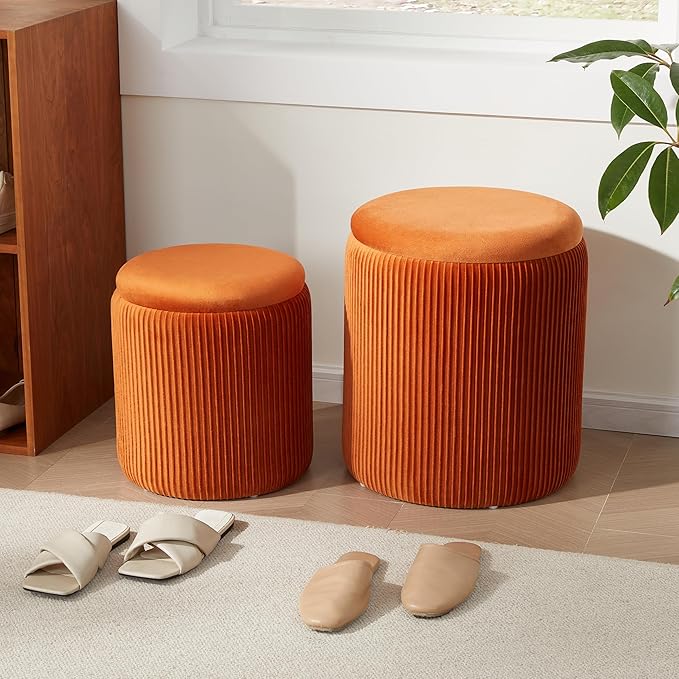 Round Ottoman with Storage Set of 2,Vanity Stool with Storage for Bedroom, Ottoman Coffee Table,Small Velvet Foot Stool for Living Room, Orange