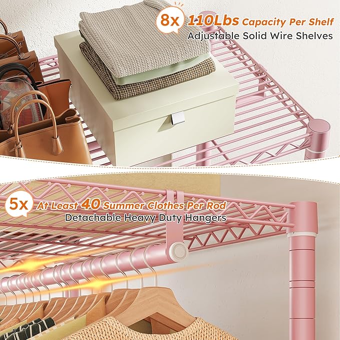 Raybee Clothes Rack,Clothing Racks for Hanging Clothes Heavy Duty,Adjustable Garment Rack with Shelves,Rolling Clothes Rack Max Load 905LBS,75" W x 77" H x 17.8" D Pink