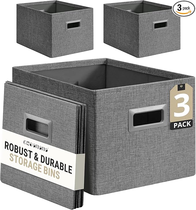 DECOMOMO Storage Bins for Shelves Robust Fabric Closet Bins for Shelves Toy Storage Clothes Books (Pack of 3 – Charcoal)