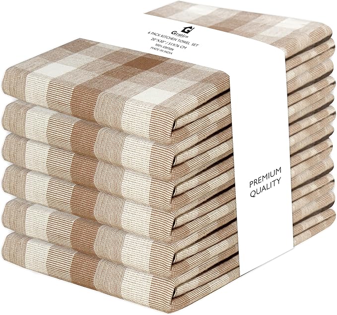 Kitchen Towels Set of 6 Brown/Ivory Checks 20x30 Inches 100% Cotton Highly Absorbent Kitchen Towels Premium Quality Ultra Soft Mitered Corners