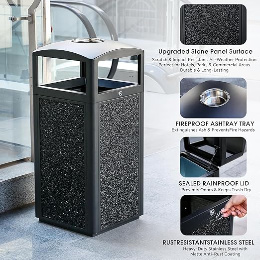 Commercial Metal Outdoor Trash Can with Lid, Lockable Outdoor Garbage Can with Nature Stone Panels, Heavy-Duty Rustproof Trash Bin with Removable Liner for Parks & Public Spaces