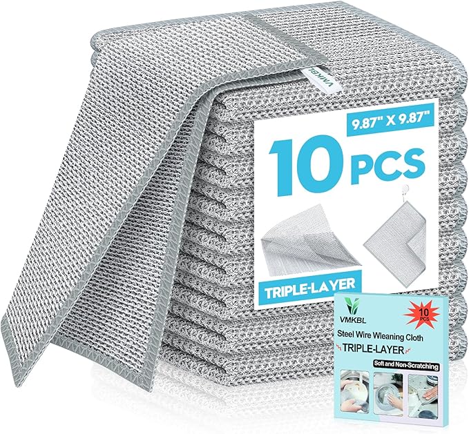 10 Pcs New Upgraded 3 Layers Non Scratch Wire Dishcloth, Multipurpose Wire Steel Wool Scrubber, Wet & Dry for Cookware, Sinks, Dishes, Stoves & Fireplaces 9.87“ x 9.87”