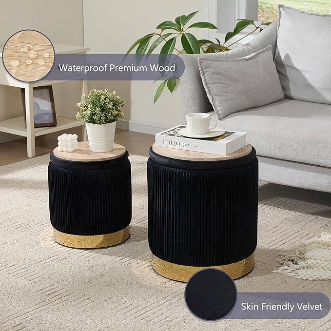 Royal Windsor Round Ottoman with Storage Set of 2, Vanity Stool with Storage for Bedroom, Ottoman Coffee Table Gold-Tone Ring Around The Base, Small Velvet Foot Stool for Living Room, Black