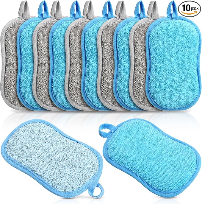 Boao 10 Pieces Multipurpose Kitchen Scrub Sponges, Non-Scratch Microfiber Scrub Sponges for Kitchen Reusable Scouring Pads Sponge Scrubber for Household Cleaning Dishes and Pots(Blue, Gray)
