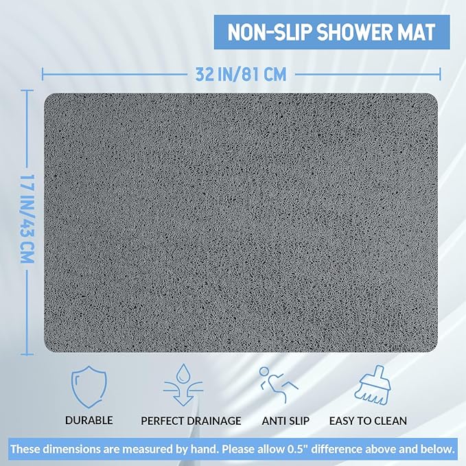 Non Slip Bathtub Mat, Anti Slip Shower Mat, Quick Drying Bath Tub Mats, Foot Scrubber Mat, Anti Slip Mat for Tub, Floor, Bathroom, Home, Kitchen, Hotel (Grey 32”x17”)