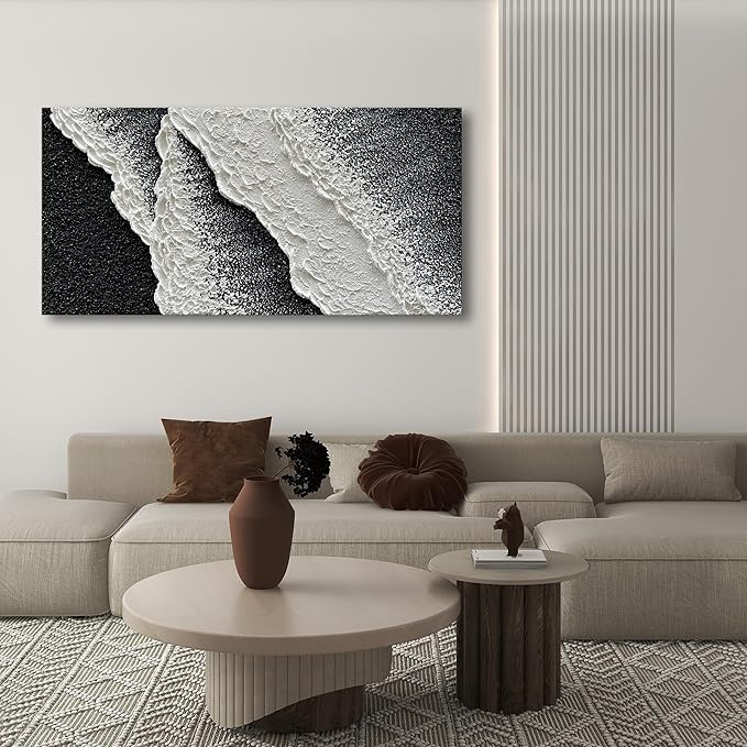 NANKAI Hand Painted black and white abstract canvas art oil painting waves landscape home wall decoration painting 24x48 inches