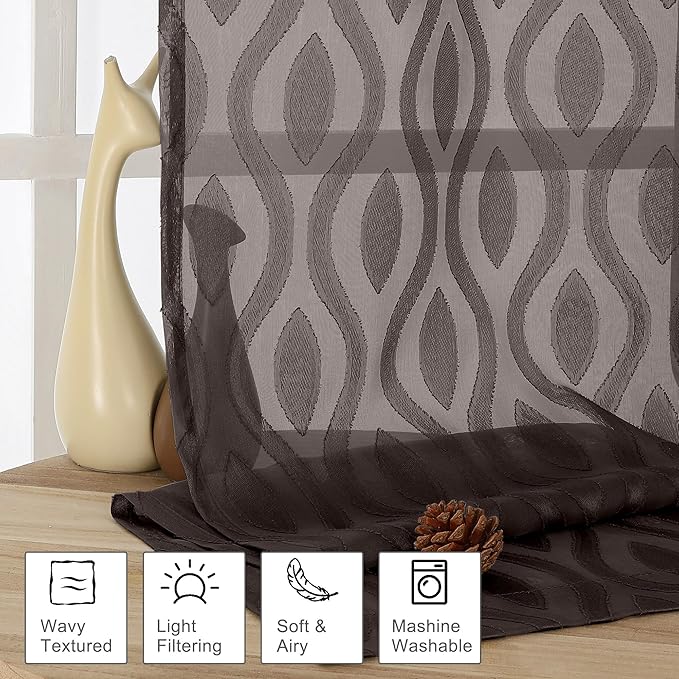 Aiyufeng Sheer Brown Curtains 54 Inch Length 2 Panels - Soft Lightweight Clip Jacquard Textured Farmhouse for Bedroom, Modern Wavy Line Voile for Living Room, 40Wx54L Inches