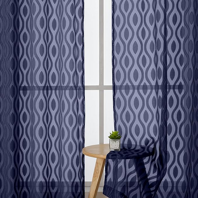 Aiyufeng Blue Sheer Curtains 63 Inch Length 2 Panels Set, Airy Light Filtering Solid Clip Jacquard Farmhouse Curtians for Bedroom Living Room, Modern Wavy Line Panel Curtains, 40" WX63 L Inches