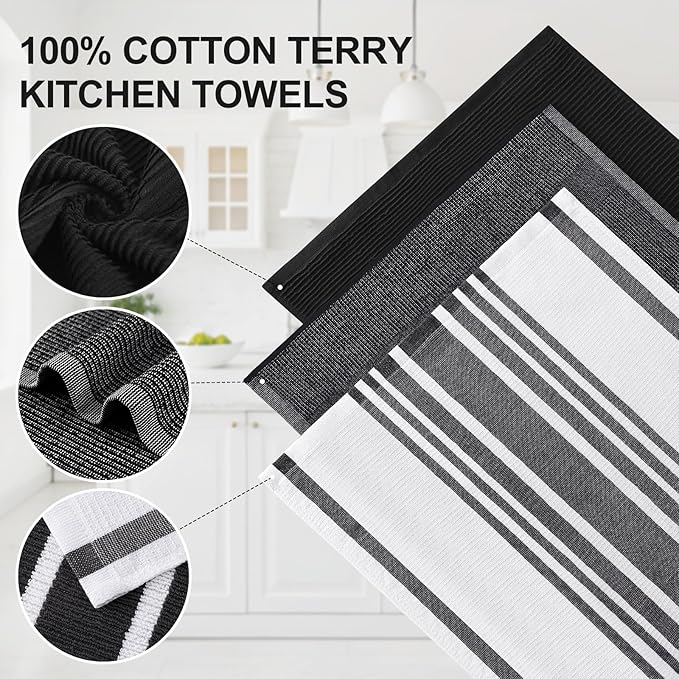 Homaxy Premium Kitchen Towels(18”x 28”, 6 Pack), Large Cotton 380 GSM Kitchen Hand Towels, Soft and Absorbent Terry Dish Towels, Multipurpose Tea Towel Set with Hanging Loop, Black