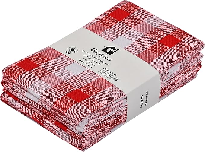 Christmas Kitchen Towels Set of 6 Red/White Checks, Reusable Cotton 20X30 Inches Dish Towel Highly Absorbent Premium Quality Ultra Soft Mitered Corners Kitchen Towels