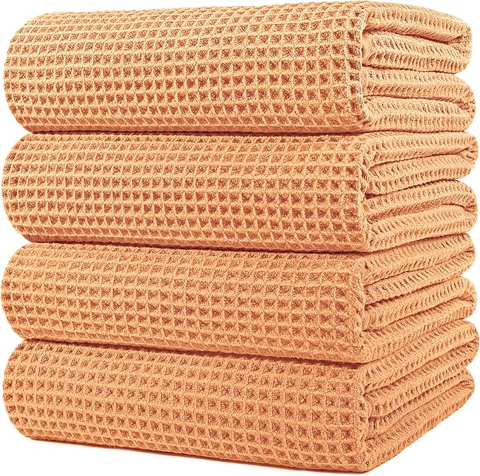 POLYTE Microfiber Oversize Quick Dry Lint Free Bath Towel, 60 x 30 in, 4 Pack (Waffle Weave)