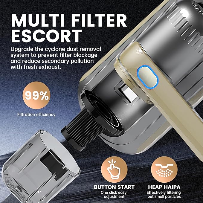 PATO Mattress Vacuum Cleaner, Wireless Handheld Bed Vacuum Cleaner With UV-C Light, HEPA Filter and Ultrasonic Vibration, 12KPa, Suitable for Beds, Sofas, Car Seats, Carpets (golden)