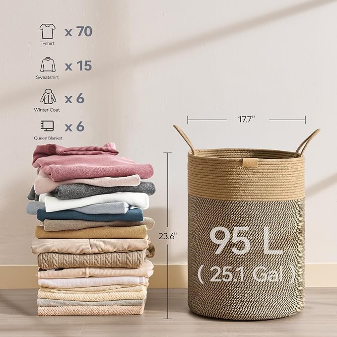 Laundry Hamper 95L,Large Laundry Basket for Clothes,Decorative Storage Basket for Blankets,Cotton Rope Woven basket for bedroom,Dark Brown