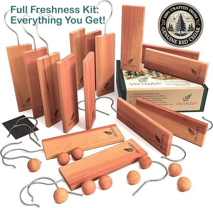 Cedar Blocks for Clothes Storage -25 pcs (15 Hang-ups & 10 Balls)- Hanging Cedar Planks, Natural Closet Smell Eliminator, Natural Closet Deodorizer, Drawer Fresheners for Dresser.
