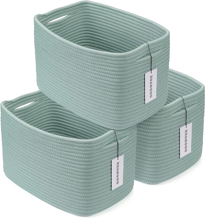 Cotton Rope storage Basket Bins Woven Basket for Organizing Shelves Rectangle Decorative Baskets For storage Clothes Toys Books Towels Square Wicker Nursery basket organizer 3 pack Green