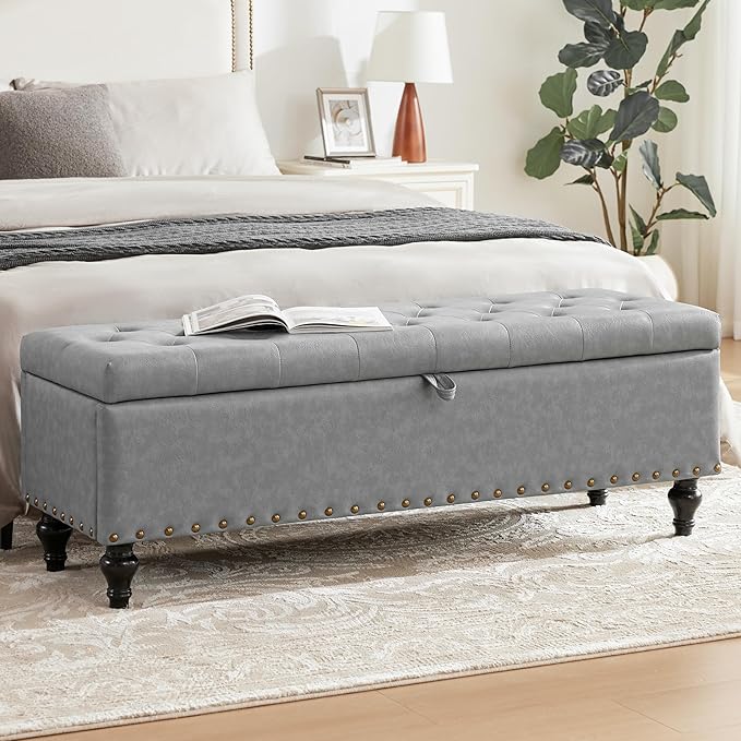 51.8’’ Storage Ottoman Bench, Faux Leather Ottoman with Storages, Window Benches Holds up to 330lbs, Upholstered Storage Bench for Bedroom, Living Room, Entryway and Family Room, Light Gray