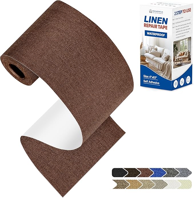 KING MOUNTAIN Linen Repair Patches, Self-Adhesive Linen Fabric Patches, 4 X 63 inch Extra Size, Multi Color, Can be Used for Linen Sofa Repair and Linen Clothes Repair (Medium Brown)