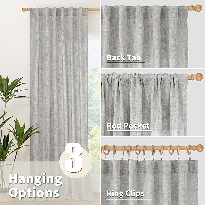 YoungsTex Dark Grey Linen Curtains 80 Inch Length for Living Room, Light Filtering Semi Sheer Window Drapes Rod Pocket Back Tab Curtain for Bedroom Office Rustic Privacy, 2 Panels, 52 X 80 Inch